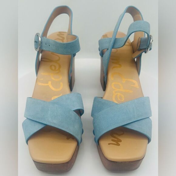 New! SAM EDELMAN Women's Josefine Platform Heeled Sandal Sky Blue - Picture 3 of 15